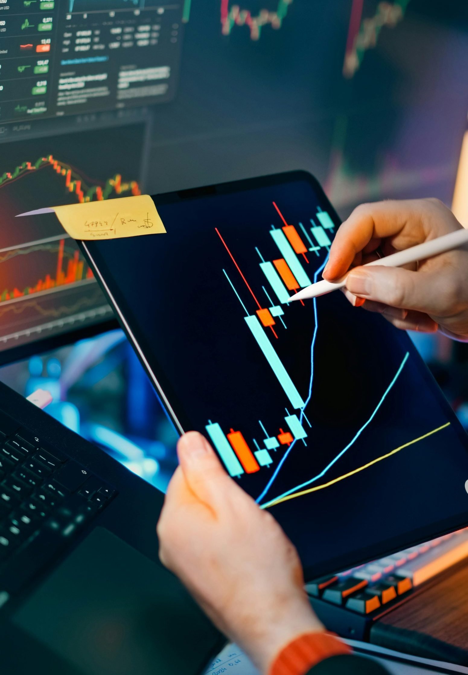 Person using a tablet to analyze financial charts for trading insights. Perfect for finance and technology themes.